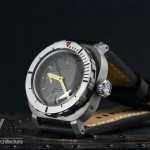 AG DIver Big Crown on waterproof black leather strap showing contrasting bead blasted case and polished bezel/ crown